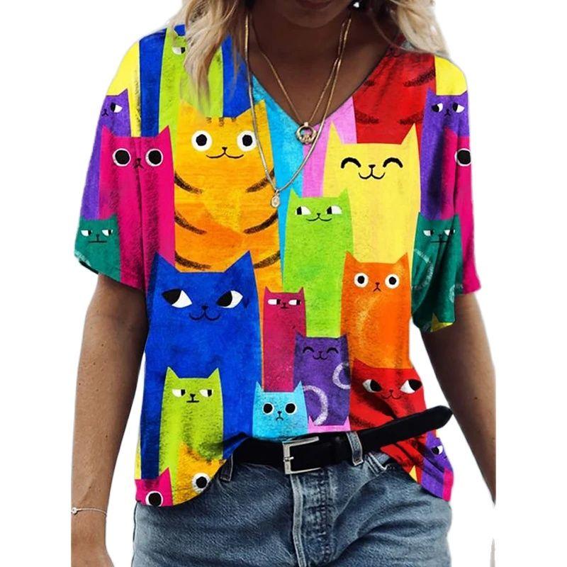 Women's 3d Cats Print T-Shirt Fashion Woman Blouses 2023 Funny Kawaii V-Neck T Shirt Female Clothing Oversized Summer Tops Tees