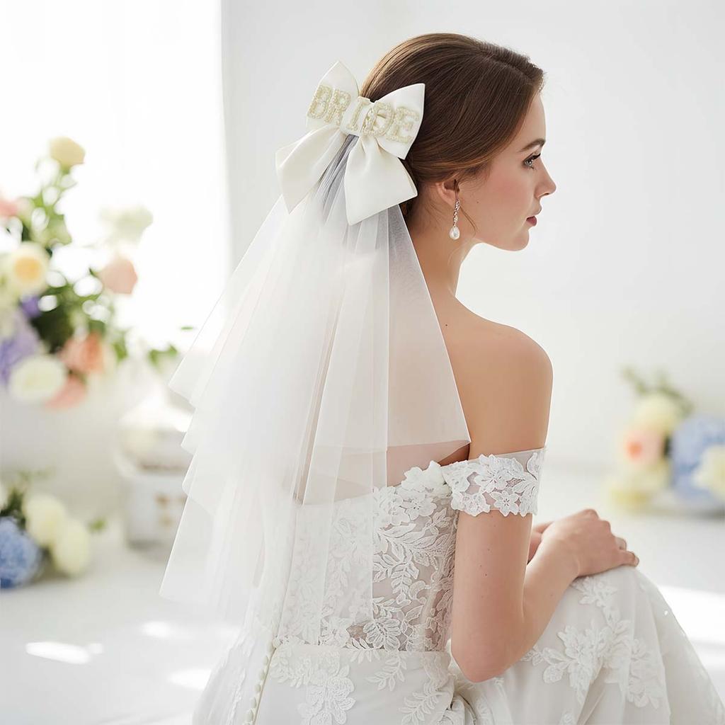 White Bow Bridal Veil, Bride Veils Hair Decorations for Women Wedding Bridal Shower Bachelorette Party