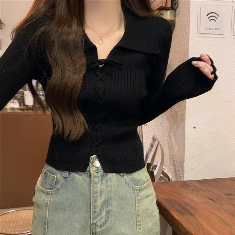 Polo Collar Long Sleeve Knitted Slim Petite Sweater for Women - Early Autumn Collection