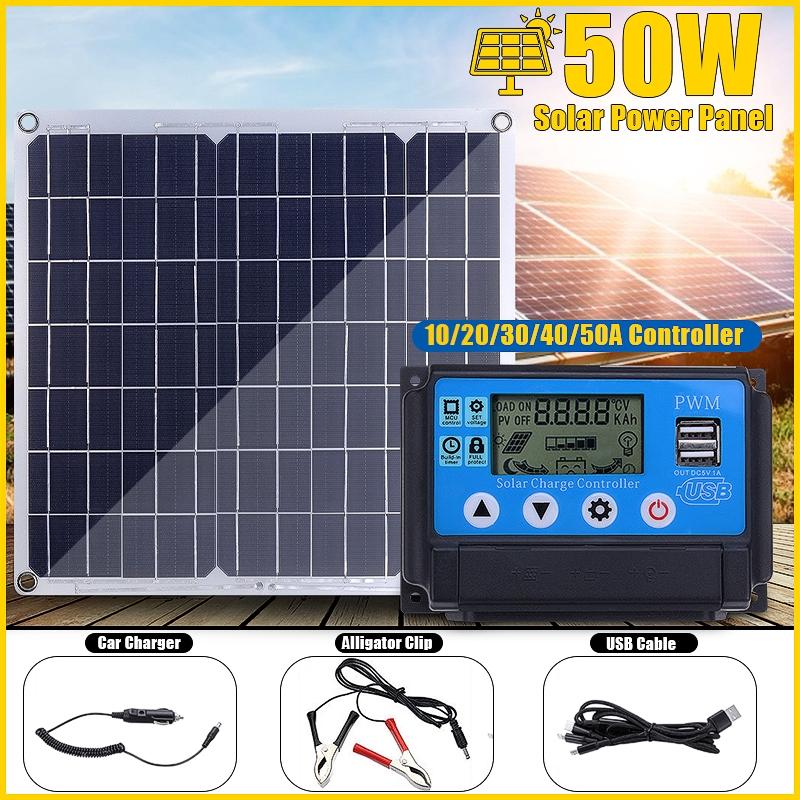 50W Solar Panel Car Charger Dual USB Ports Outdoor Charger Power With USB Cable
