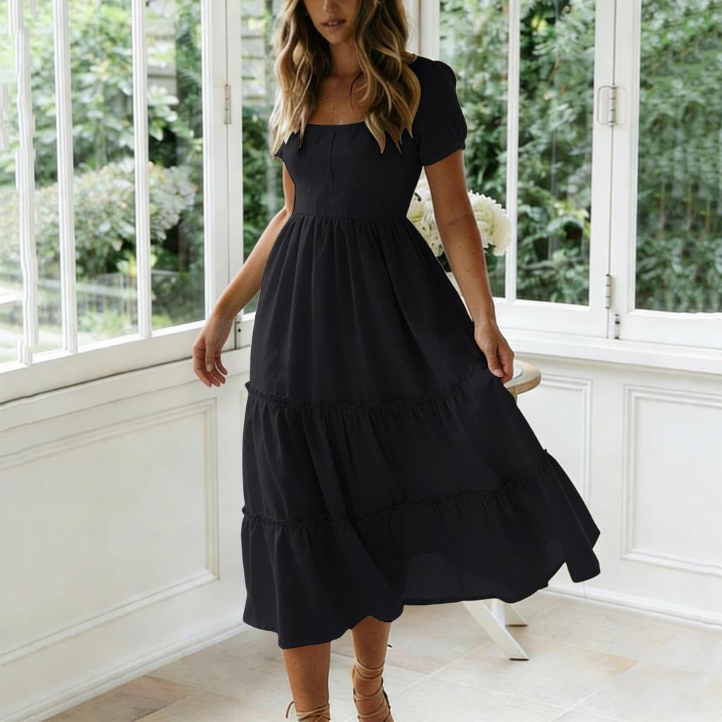 Women Summer Fashion Solid Color Square Neck Short Sleeve Bohemian Vacation Beach Dress Midi Length Casual Loose Fit