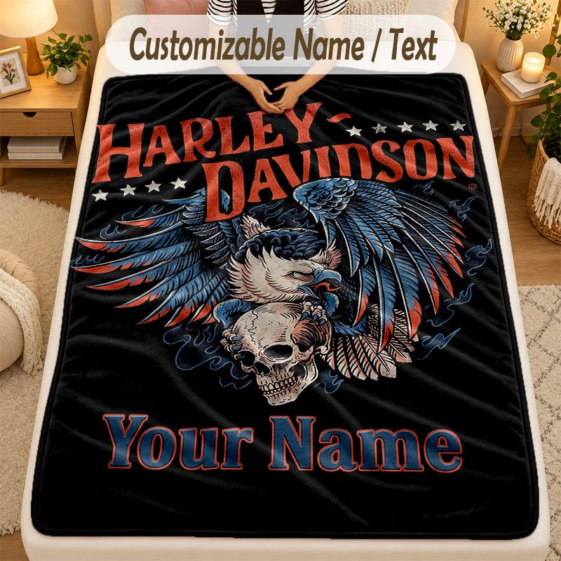 Flannel BlanketHarley-Davidson Custom Name Text Personalized Soft Warm Throw Blanket Home Decor Gift