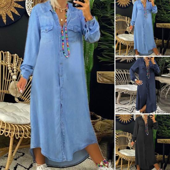 Long Sleeves Women Dress Two Pockets 