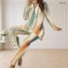 Women Plus Size Half Zip V Neck Long Sleeve Blue Green Printed Two Piece Set Long Top And Fitted Pants
