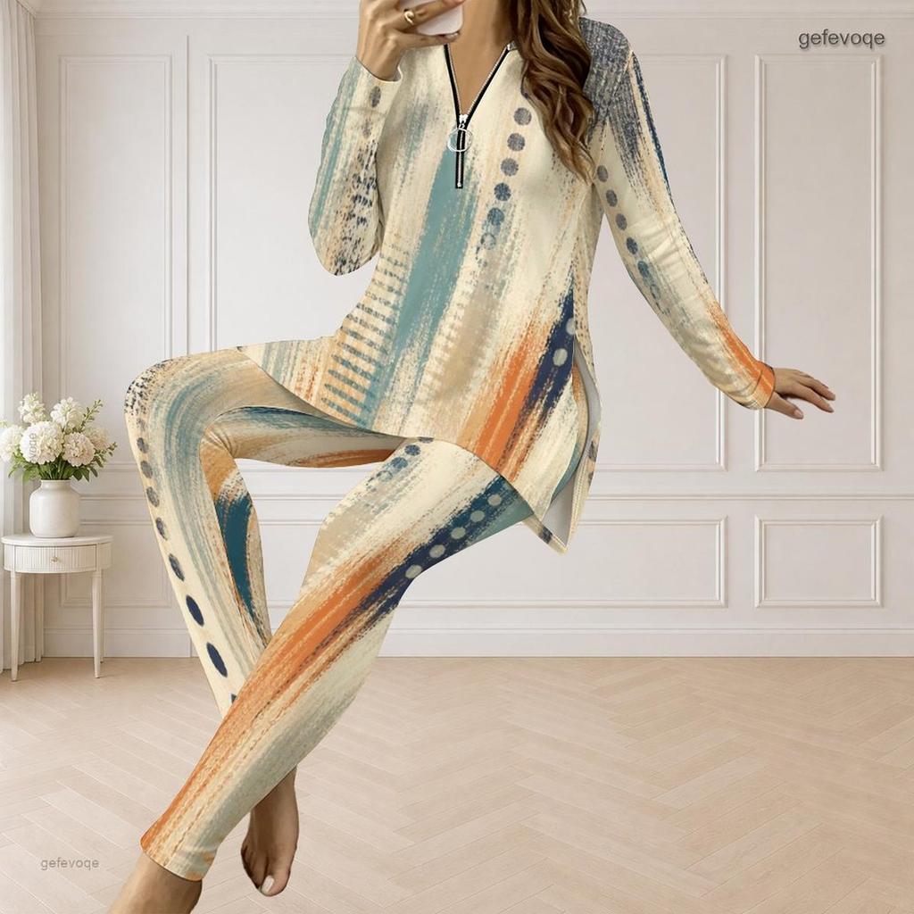 Women Plus Size Half Zip V Neck Long Sleeve Blue Green Printed Two Piece Set Long Top And Fitted Pants