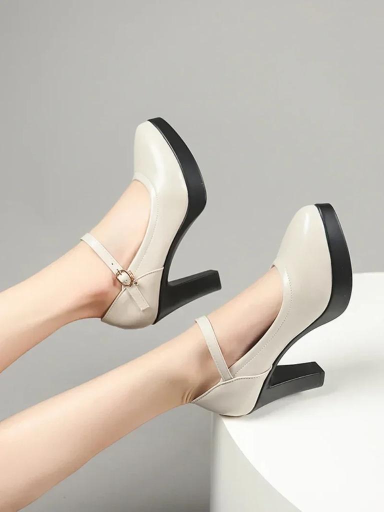 Knöchelriemen Dicke Absätze Pumps für Damen 2024 PU-Leder Büro Tacones Mujer Damenschuhe Elegant Plateau Mary Janes Schuhe Casual