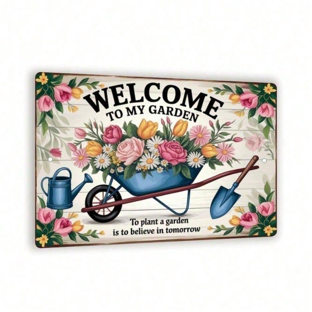 Vintage Metal Wall Art Floral Wheelbarrow Sign Rustic Retro Tin Decor 8x12 Inch for Garden Lawn Outdoor Indoor Home