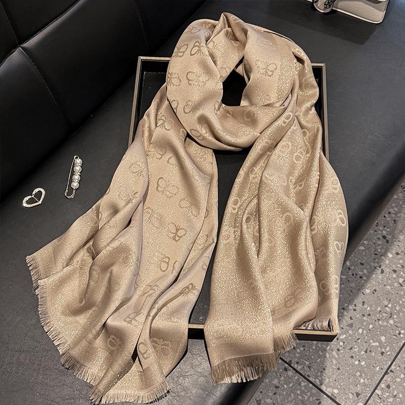 Simulation Silk Fashionable And Elegant High-End Long Silk Scarf Short Beard Shawl Long Scarf Tencel Cotton Gold Silk Scarf