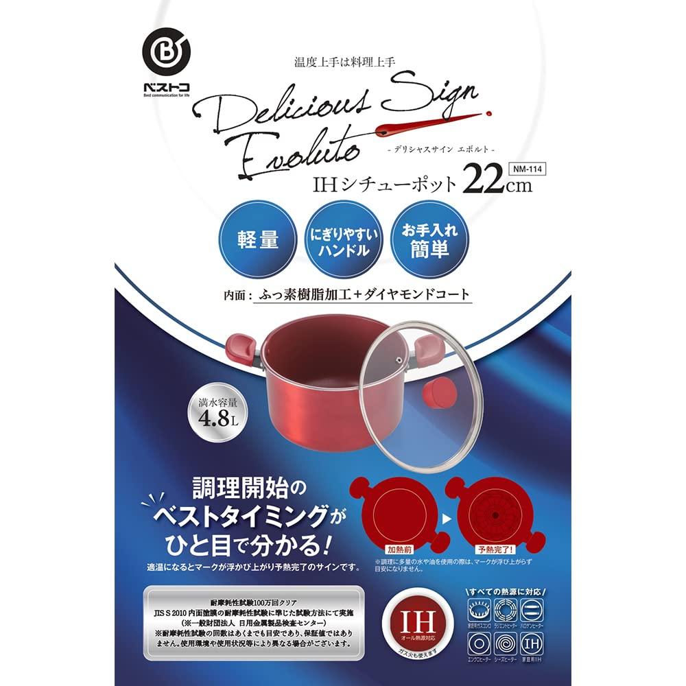 Bestco Double-Handled Stew Pot 22cm Red IH Compatible NM-114 Delicious Sign Evolt