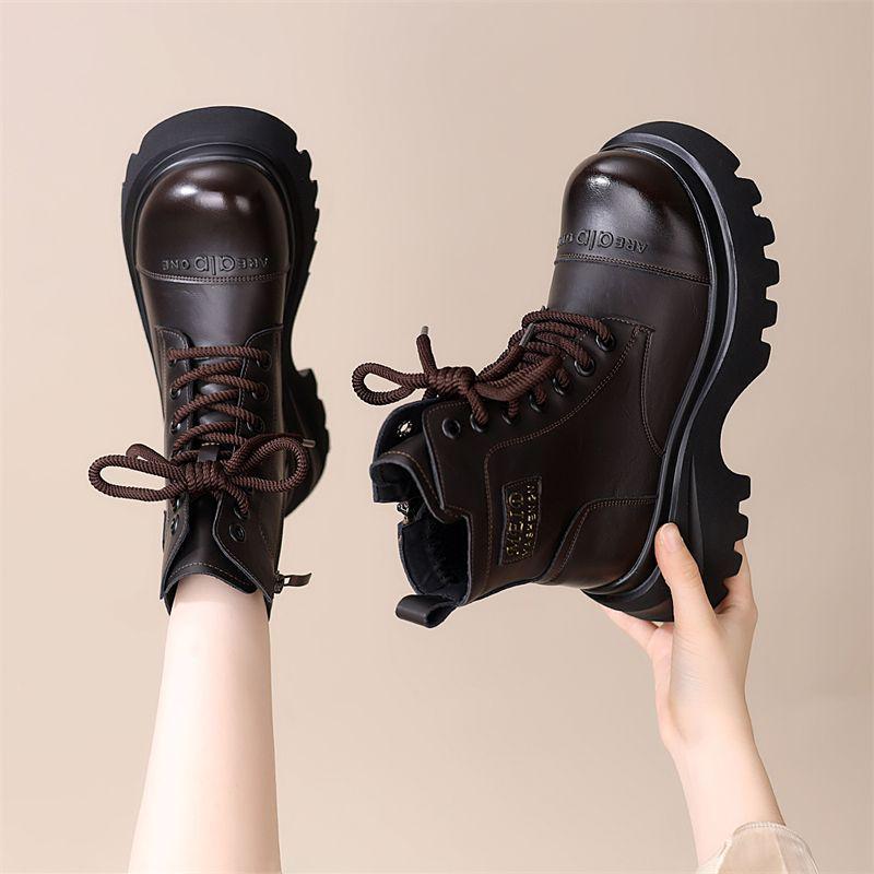 Britische Stil Damen Schwarz Martin Stiefel - Herbst/Winter 2025, Mit Dickem Absatz, Höhensteigernd, Samtgefüttert.