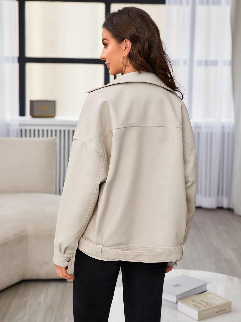 2023 Autumn European & American Style Oversized Washed PU Leather Lapel Jacket for Women
