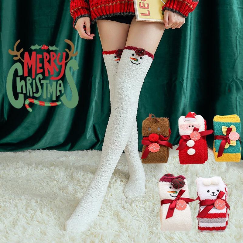 Women's Coral Fleece Xmas Socks Warm Thigh Stocking Over Knee Santa Claus Elk Elf