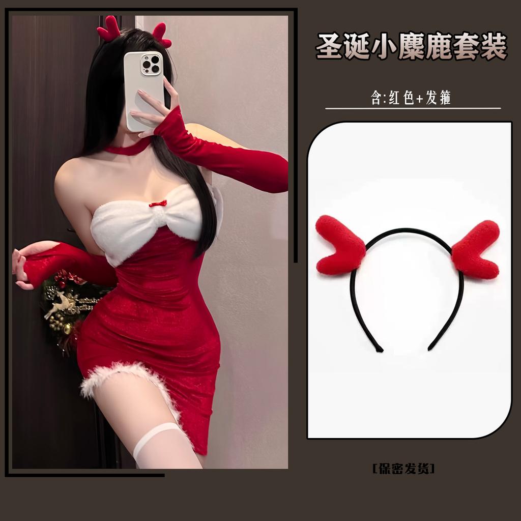 Man Wants Christmas Bunny Uniform Seduction Lingerie Tube Top Irregular Red New Year's Robe Female 9577