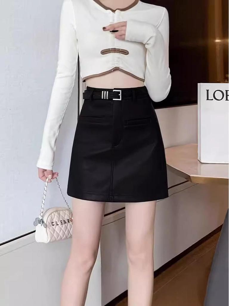 Plus Size Korean High Waist Slimming Mini Skirt - Versatile Solid Color PU Design for Women