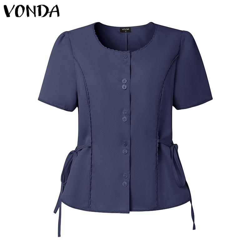 

VONDA Women Summer Round Neck Lace Crochet Hem Casual Slim Waist Blouse 5XL тёмно-синий