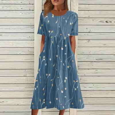 Women's Casual Dresses Printed Dresses Summer Dresses Printed Pleated Round Neck Midi Dresses Basic Classic Outdoor Daily Short Sleeve Loose Dresses