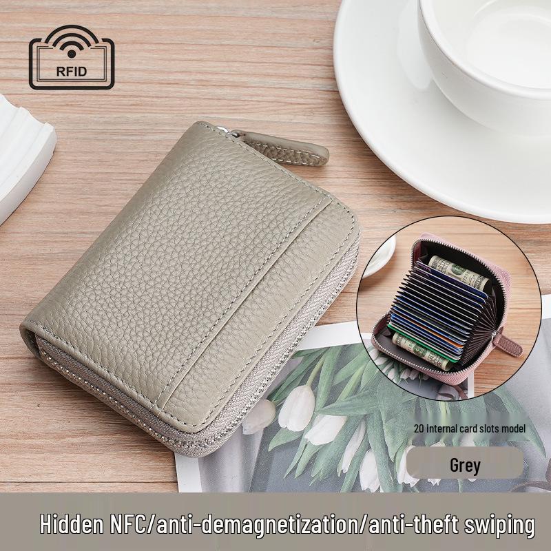 Women's Genuine Leather Zipper Card Holder - Anti-Demagnetization Multi-Slot Accordion Style
