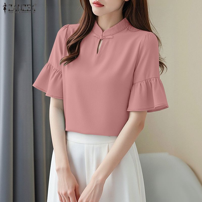 ZANZEA Women Casual Stand Collar Solid Color Loose Half Sleeve Blouse S розовый