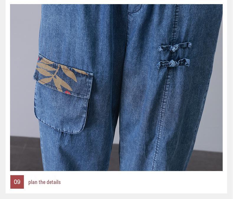 Mámin letní džínový set: Top s krátkým rukávem a kulatým výstřihem & Sedmibodové kalhoty pro ženy středního a staršího věku