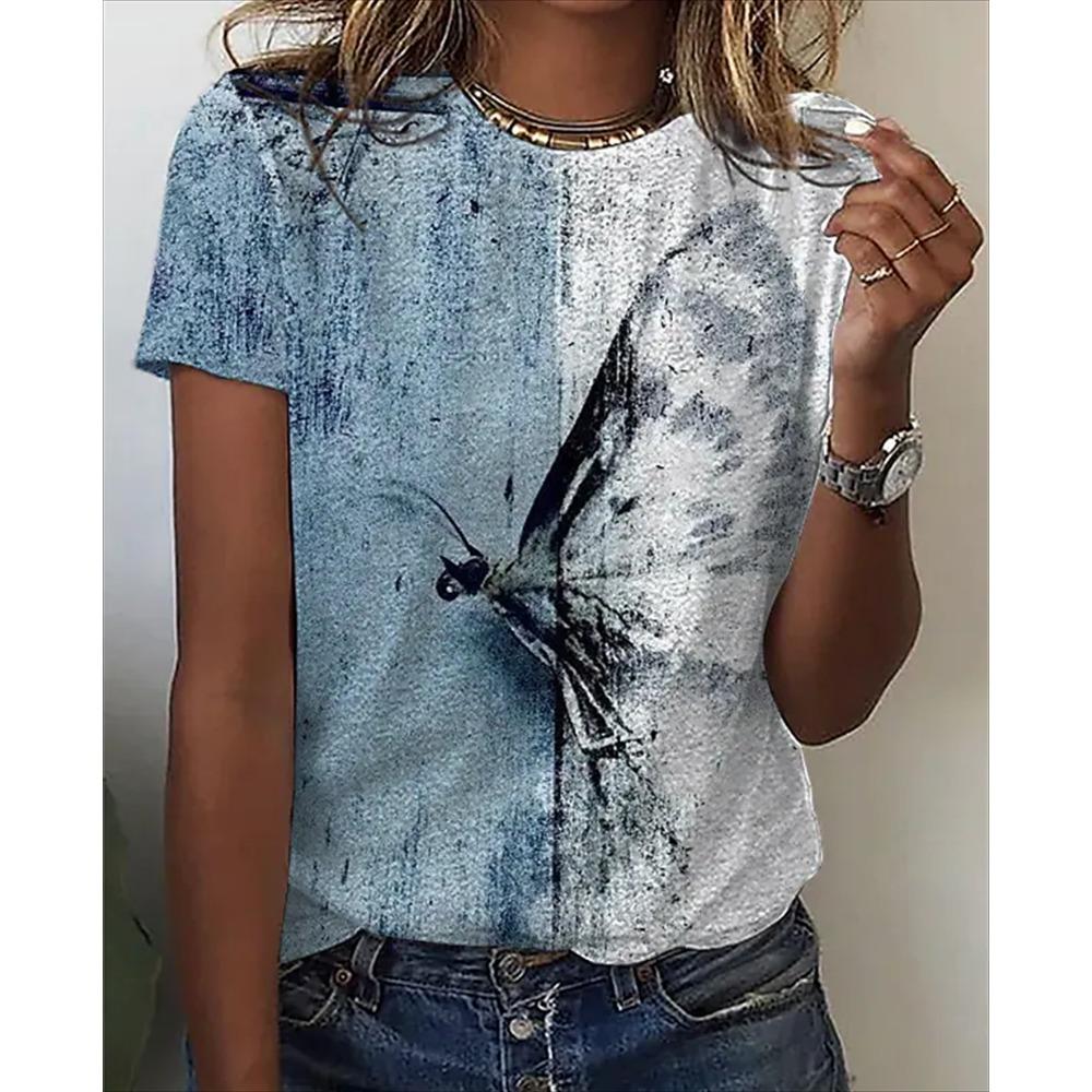 Summer Butterfly Pattern Printed Women's T-shirt Fashion Short Sleeve Top Women's T-shirt