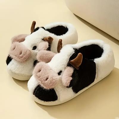 Flauschige Hausschuhe im Kawaii-Kuh-Design, gemütliche und warme Slipper mit weicher Sohle, Winter-Hausschuhe aus Plüsch