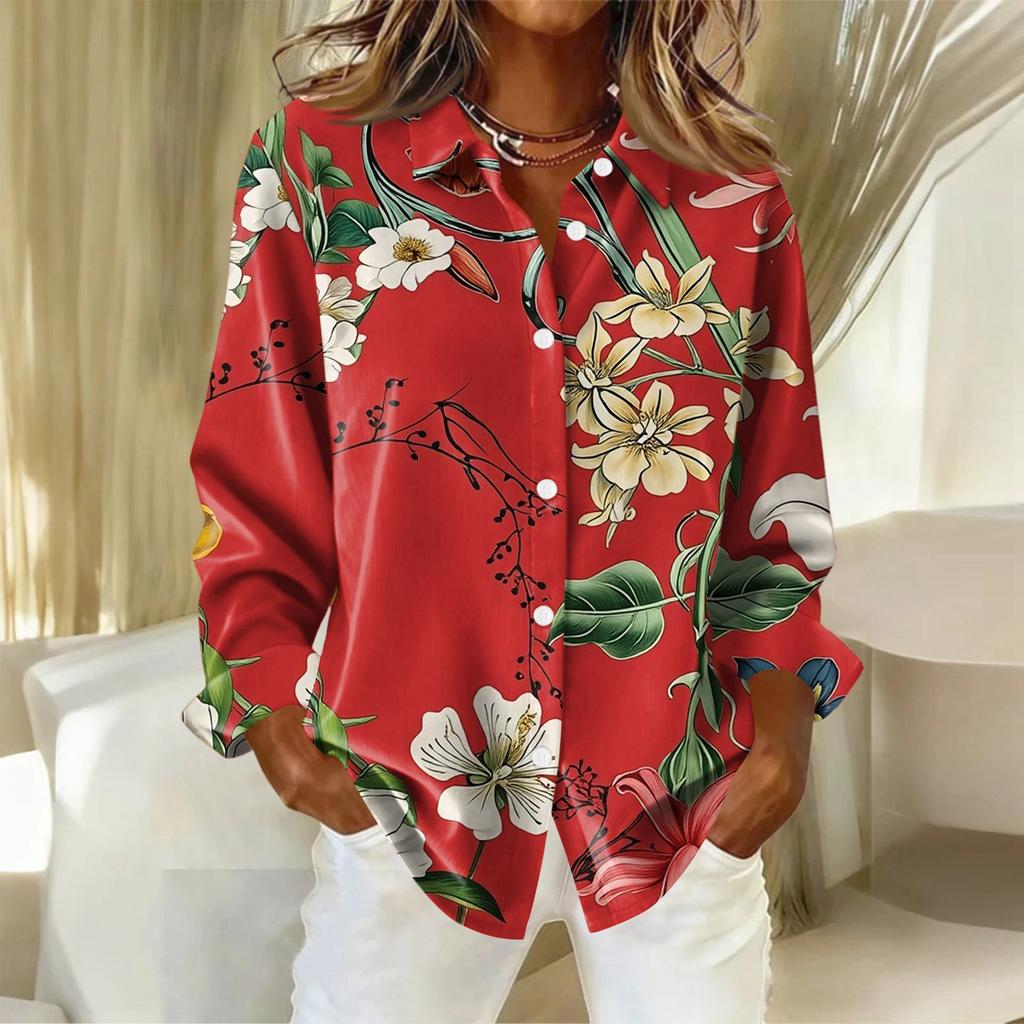 Women's Shirt With Floral Print Buttons, Long Sleeved Casual Regular Shirt  Blouses Casual Plus Size Basic Tops