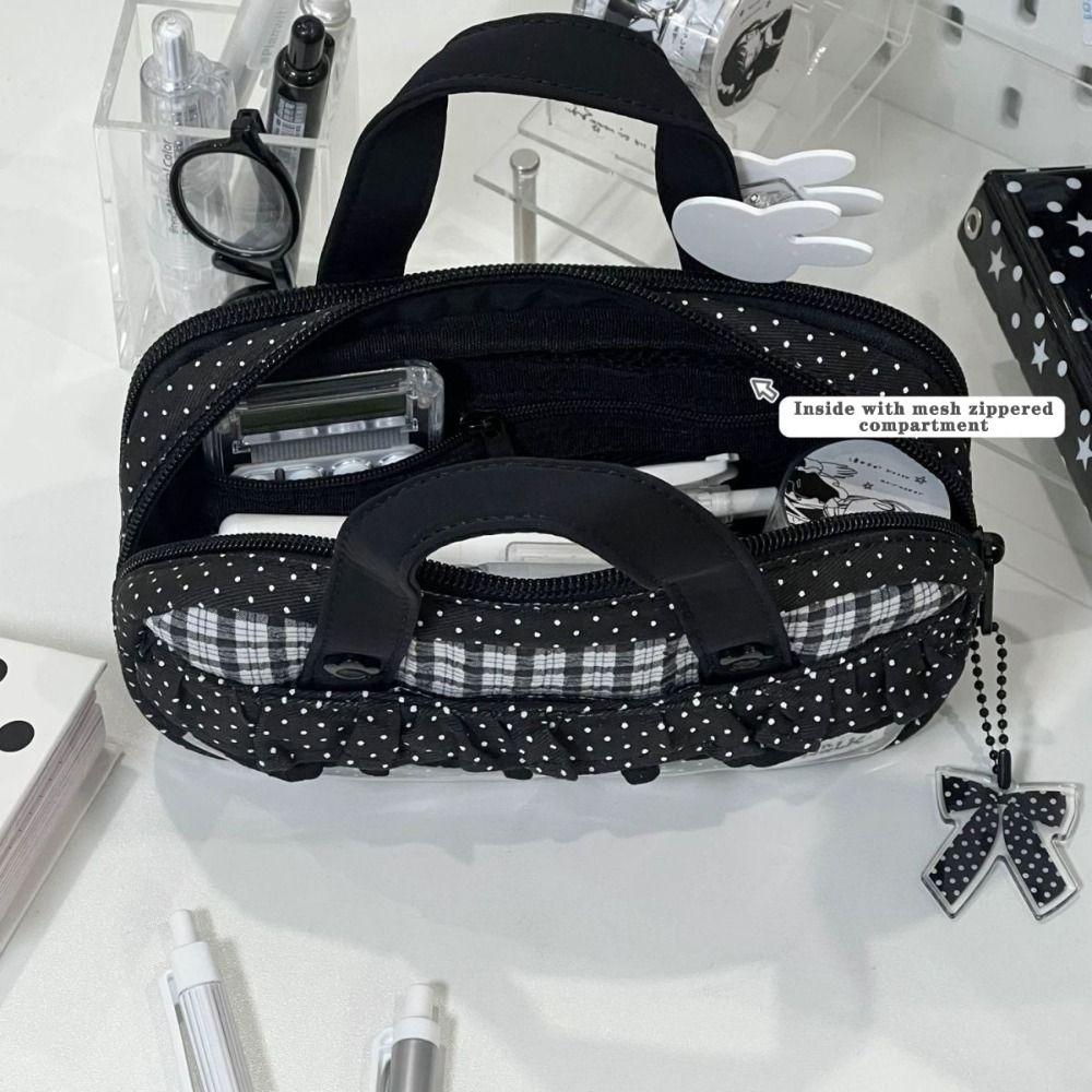 Handheld Pencil Case Plaid Polka Dot Stationery Bag Aesthetic Stationery Organizer Students