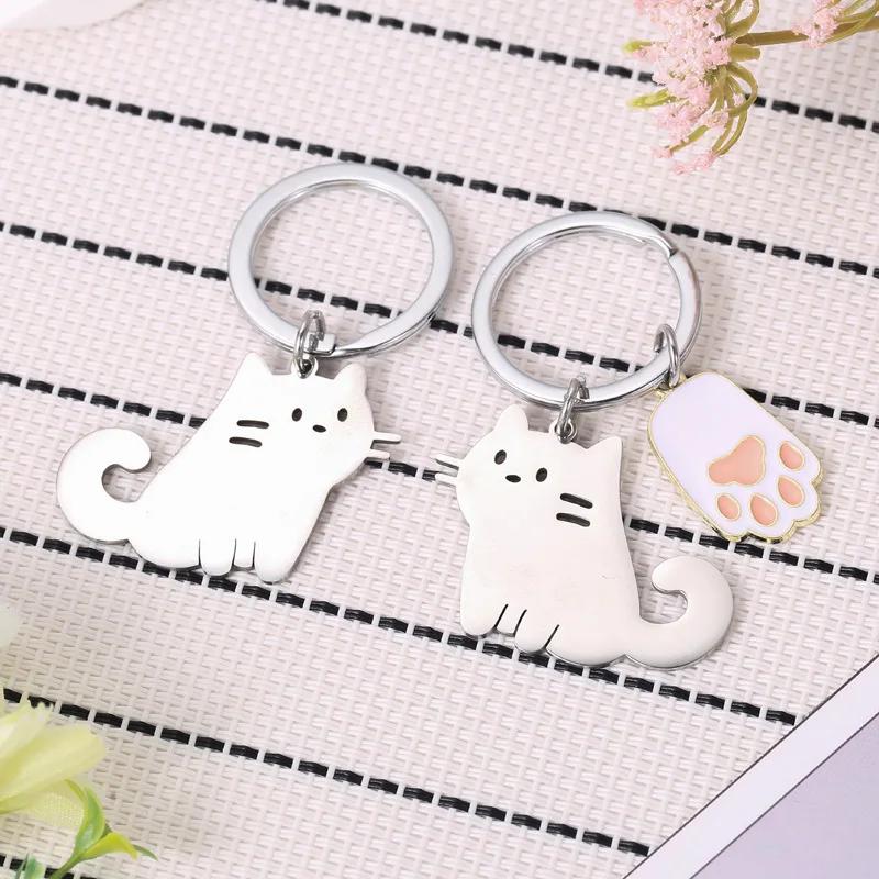 Cartoon Cat And Fish Keychains Polished Stainless Steel Animal Cat Pendant Children's Funny Keychains