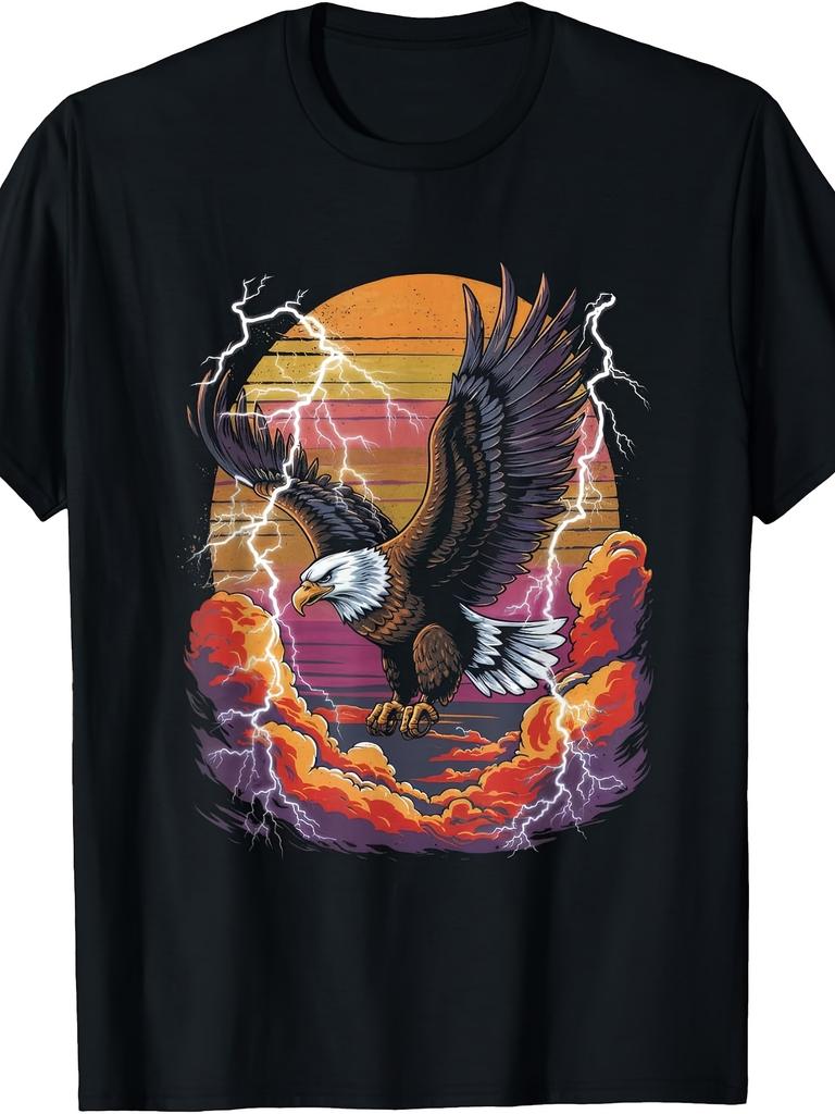 Retro Vintage Style, Men's T-Shirt, Bald Eagle Lightning Sunset Graphic Design, Summer Casual Wear