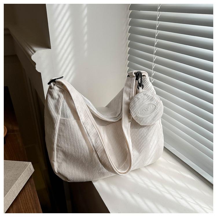 Fashionable Korean Style Corduroy Large Capacity Tote Bag With Adjustable Shoulder Strap