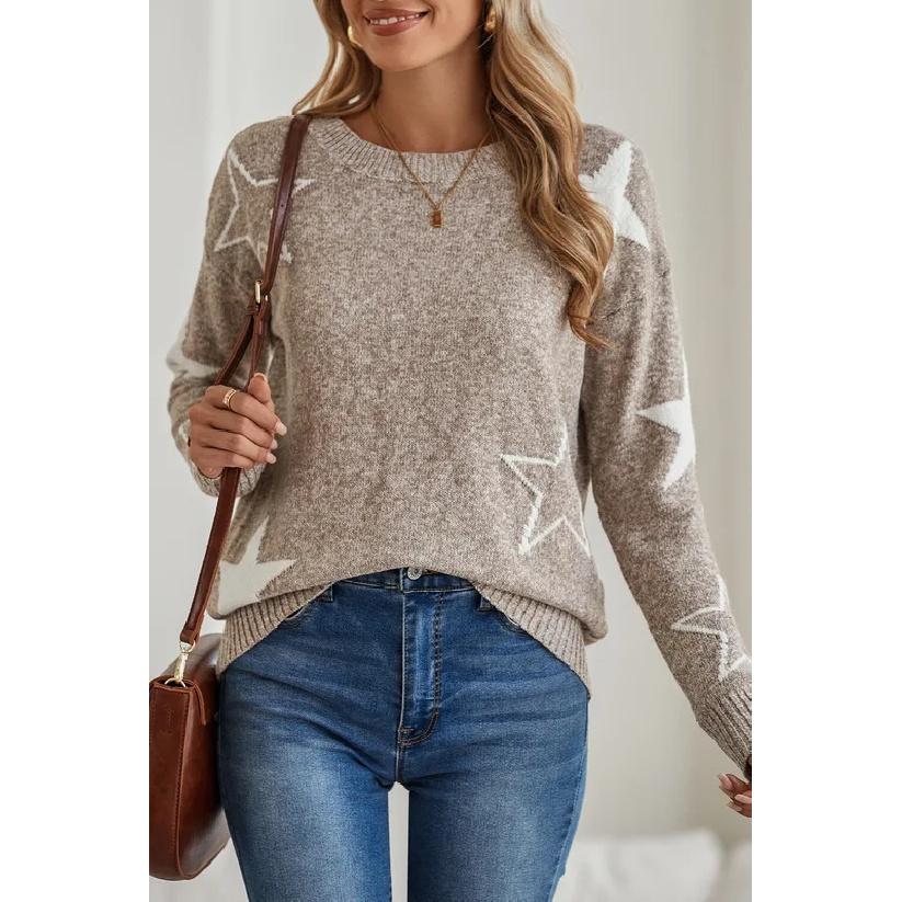 Pulover tricotat pentru femei, bej, cu imprimeu steluțe, gât rotund, croială largă, casual, cu mânecă lungă