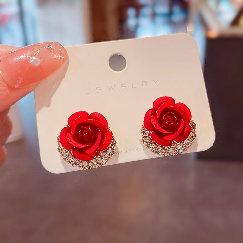Korean Red Rose Zircon Stud Earrings For Women Luxury Crystal Flower Snowman Pearl Christmas Earrings Bride Wedding Jewelry Gift
