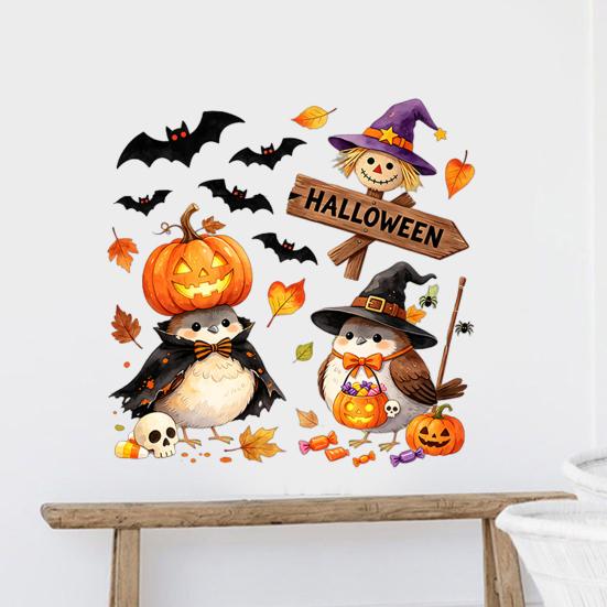 Removable Holiday Wall Art Cartoon Halloween Sticker, Self Adhesive PVC Decal, Wizard Pumpkin Bat Decals Birds Scarecrows Jack-o-lanterns Pattern