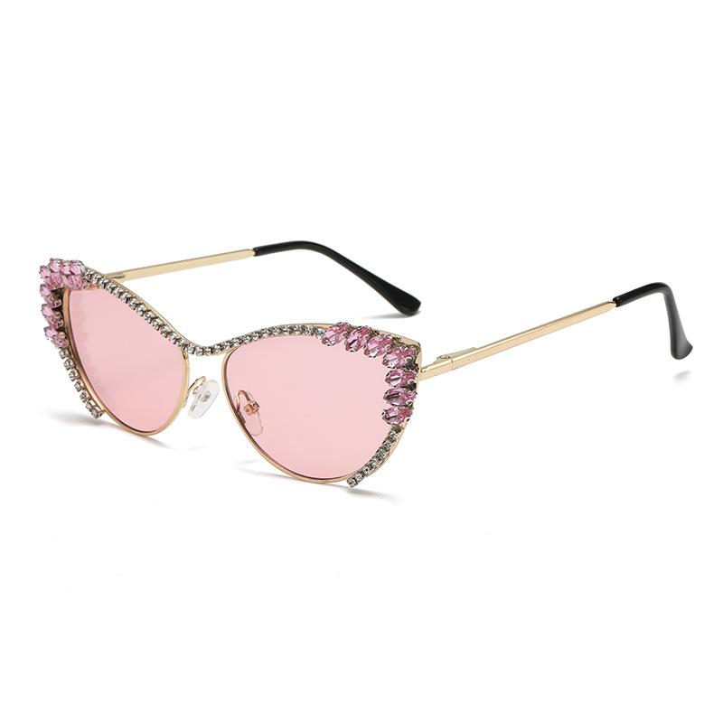 Popular  Vintage Diamond Cat Eye Sunglasses Women For Female Metal Sun Glasses Punk Luxury Brand Designer Pink Crystal Shades