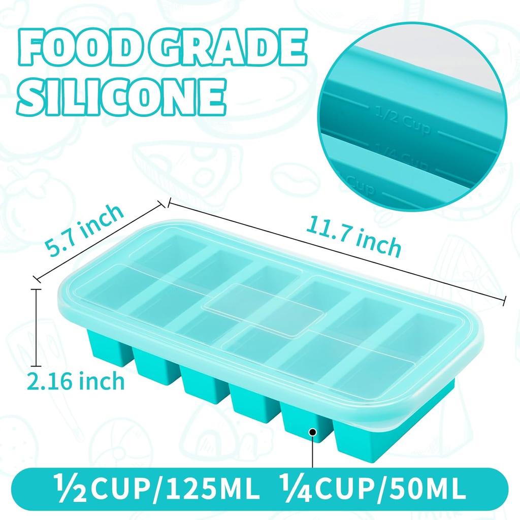 Silicone Freezer Trays with Lid,6 Cup Soup Freezer Container large Ice Cube Molds with Reinforced Steel Ring Top for freezing Soup Sauce Broth