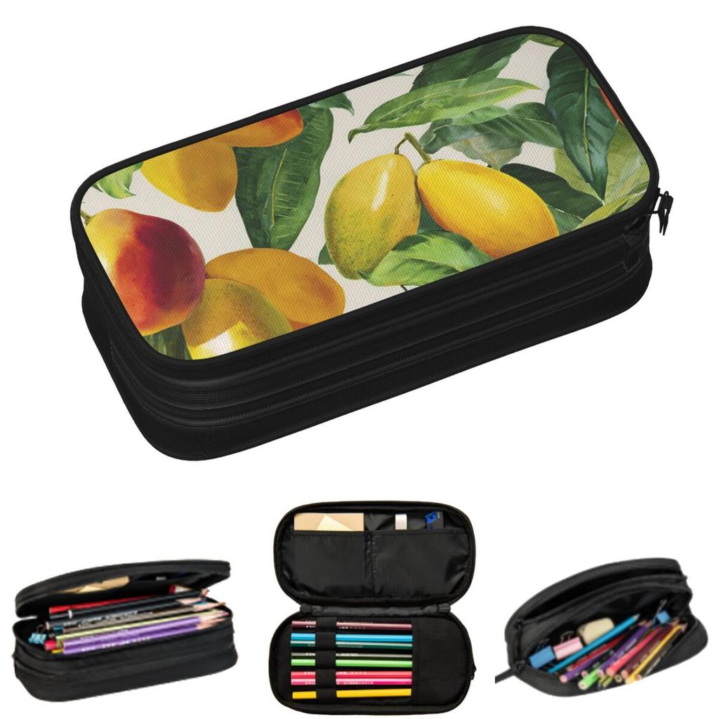 Mango And Green Leaves Pattern Pencil Cases for Students School Pen Box Pencil Bag Large Storage Pencil Pouch