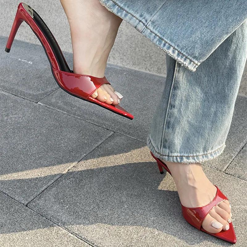 Fashion High Quality Patent Leather Slippers Women Sexy Pointed Toe Slides Sandals Elegant Thin High Heels Party Dress Designer Shoes