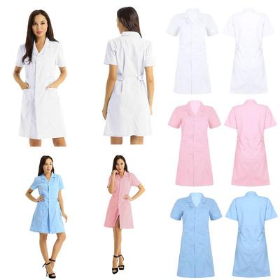 Women Adults Hospital Nurse Scrub Dress S-XXL - Lapel Collar Short Sleeve Button Front Solid Color Lab Coat Uniform