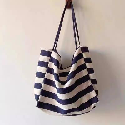 Korean Artistic Color-Block Striped Canvas Bag Tote Bag Large Capacity Shoulder Bag Lazy Style Shopping Bag Large Bag
