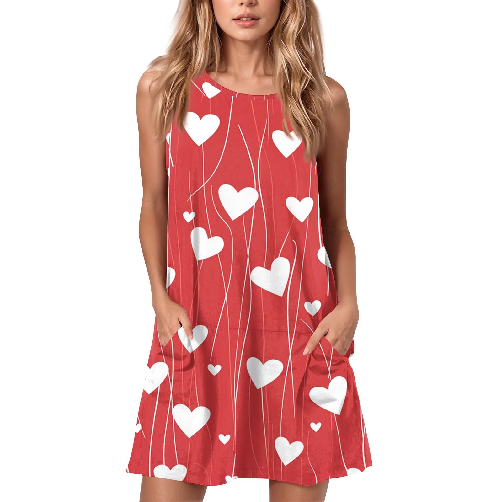 

Жіноча літня повсякденна сукня з круглим вирізом і принтом до Дня святого Валентина Сукня без рукавів із кишенями XL кавун червоний колір