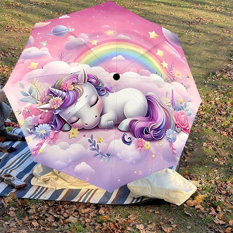 1PC Unicorn Rainbow Umbrella-8-Rib Reinforced Portable Folding Travel Suitable for All Seasons Outdoor Daily Use  -J0361