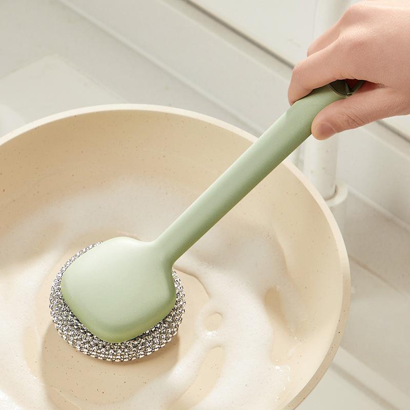 Long Handle Stainless Steel Pot Brush Detachable Scrubber for Kitchen Cleaning