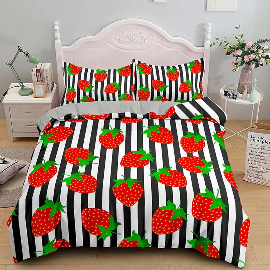 Strawberry Duvet Cover Set Cartoon Pink Fruit Print Comforter Cover Set for Boy Girl Teen Sweet Strawberry Room Decor Bedding
