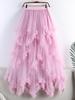 2026 Spring-Summer Women's High-Waisted Irregular Mesh Ruffle Layered Long Skirt