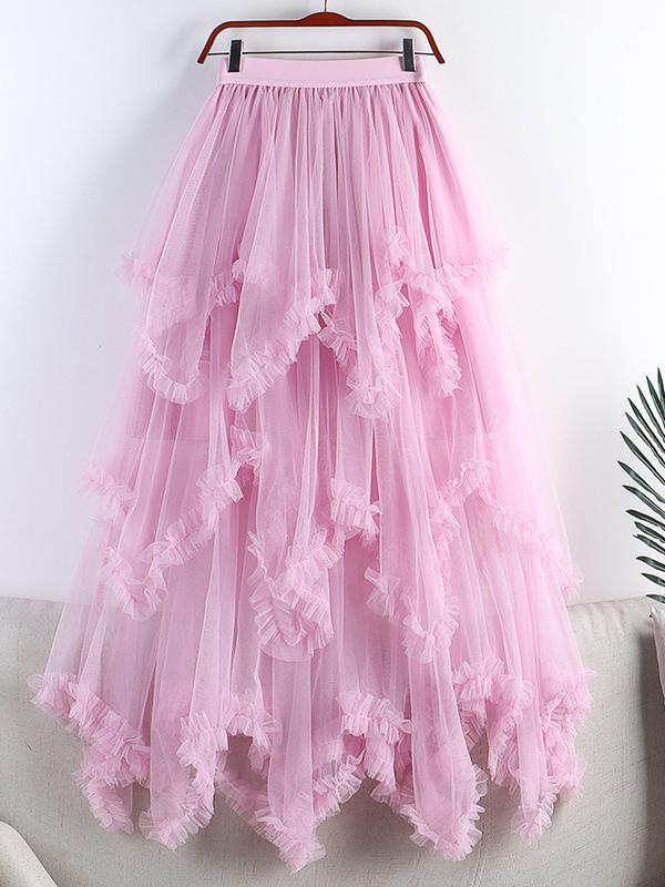2026 Spring-Summer Women's High-Waisted Irregular Mesh Ruffle Layered Long Skirt