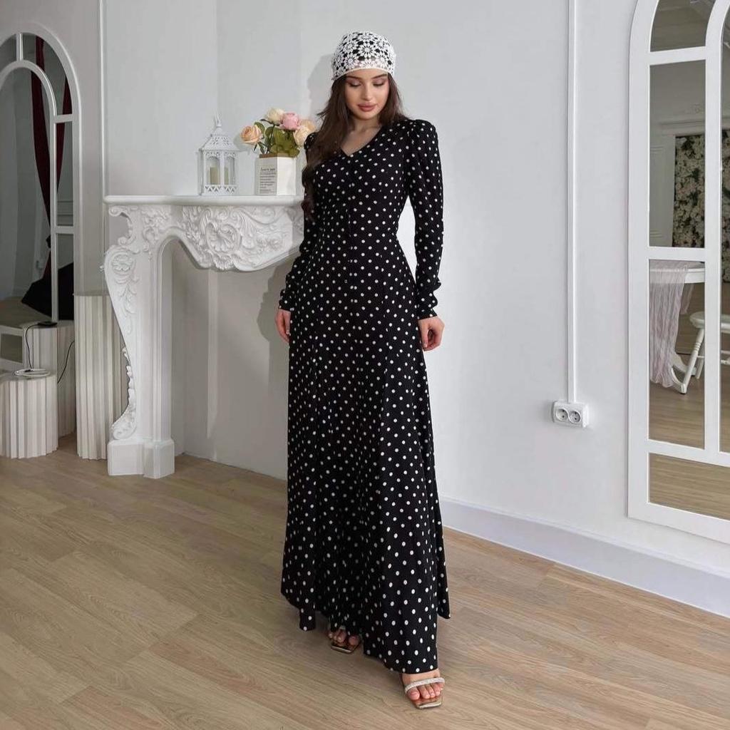Elegant Retro Print Waist-Gathered Dress - Autumn 2025 Collection: European & American Style for Women