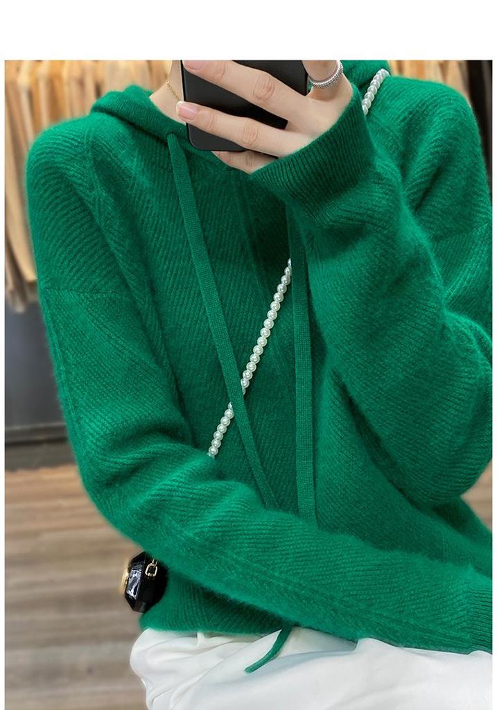 Women's Wool Hooded Sweatshirt: 2025 Autumn/Winter Loose Knit Cardigan Pullover.