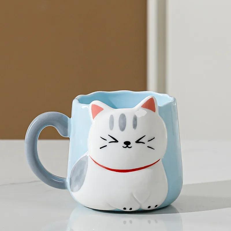 Cartoon 3D Embossed Ceramic Cup Cute Cat Coffee Milk Tea Breakfast Handle Cup Tableware Novelty Gift Home 400ml Mug