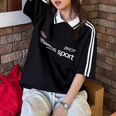 Unisex T-Shirt Herren Damen Gestreiftes Buchstabendekor Revers Kurzarm T-Shirt Lässig Loose Fit T-Shirt Gym Street Wear