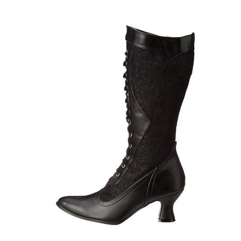 Retro Dames Laarzen Herfst Winter Sexy Schoenen Vrouw Veters Puntige Neus Lage Hakken Halverwege de Kuit Laarzen voor Dames Maatwerk 34-43